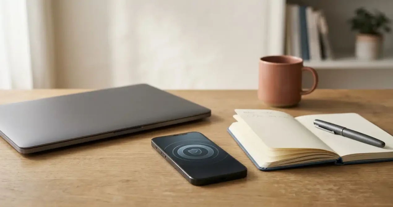 A phone displaying abstract security shapes beside a notebook and a closed laptop