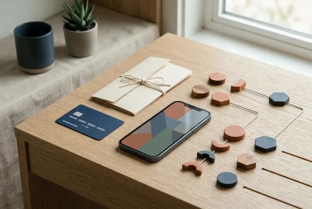 Canadian dollar bank card beside a phone and neutral digital-asset symbols on a desk