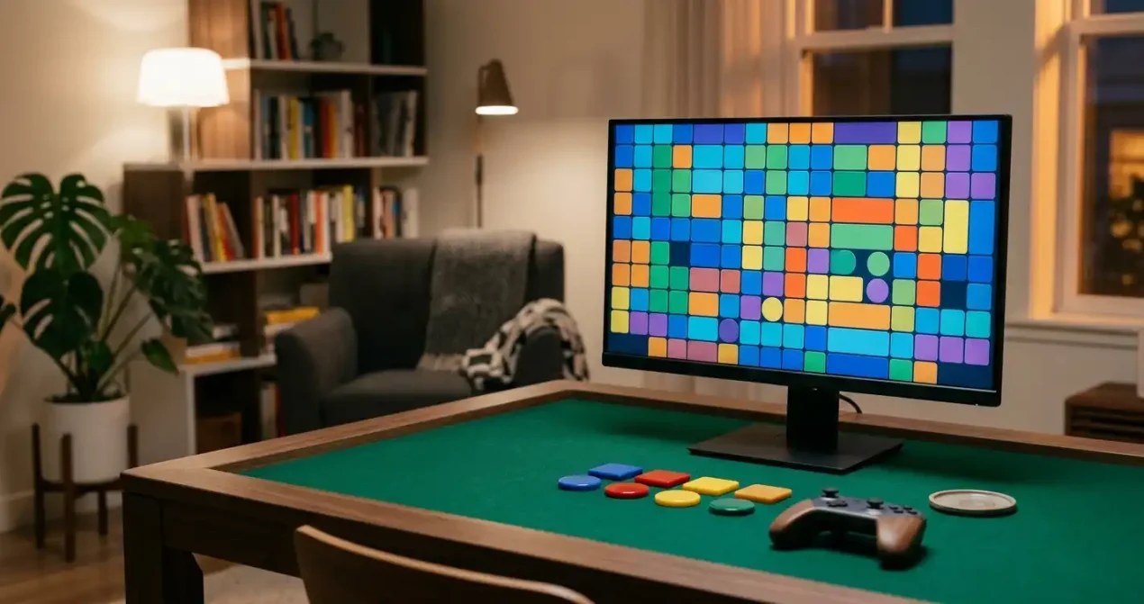 Laptop and phone on a desk with abstract game tiles and an uncluttered browsing layout