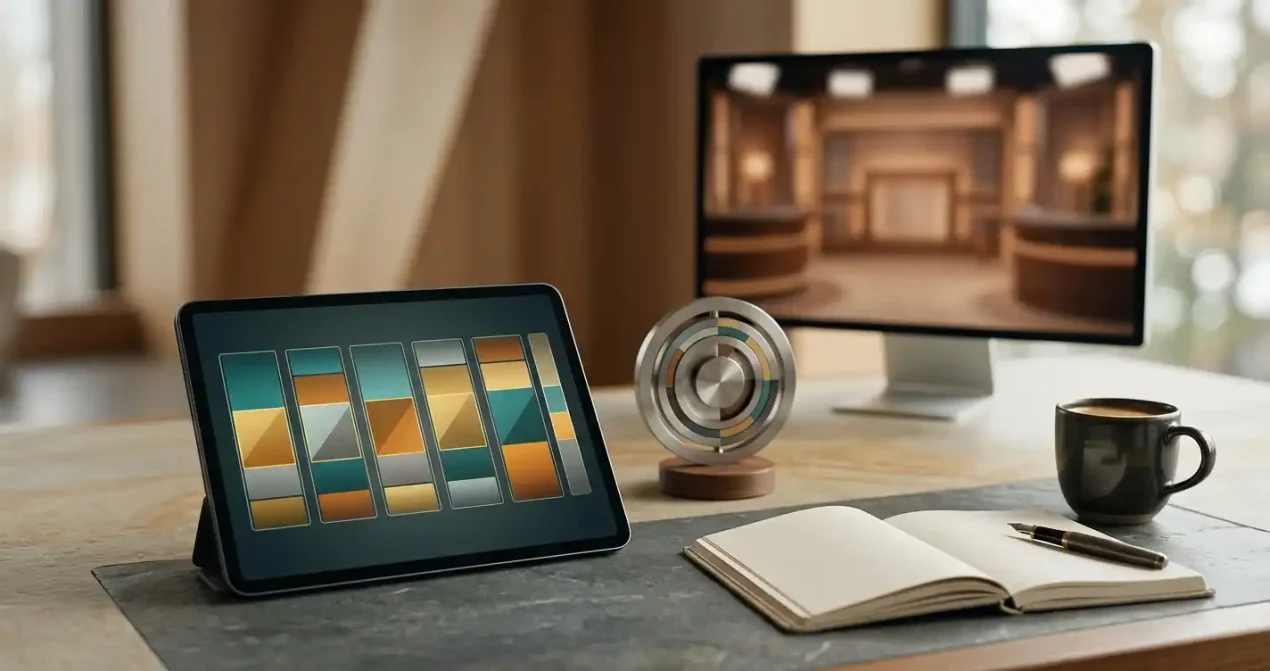 Unbranded tablet with abstract game tiles beside a blurred studio monitor on a desk