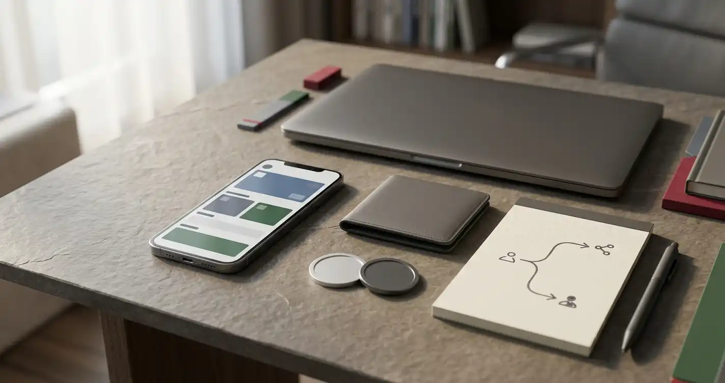 Phone and laptop beside abstract Canadian-dollar and digital-asset payment symbols on a desk