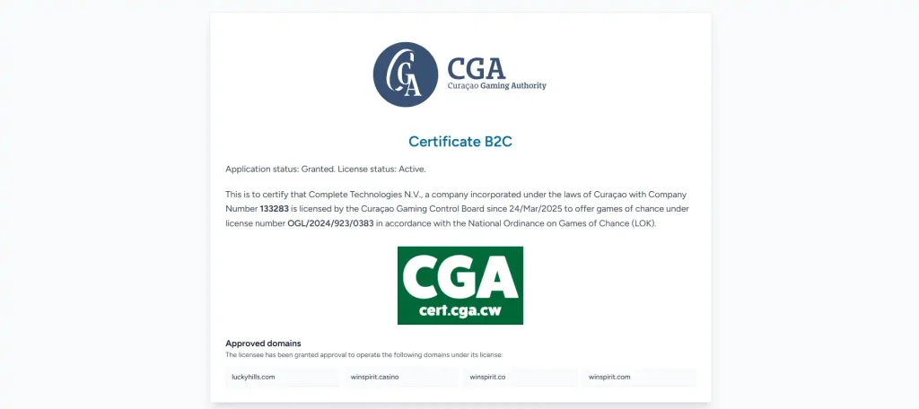 Curaçao licence certificate showing the operator, licence identifier, active status and authorized domain list
