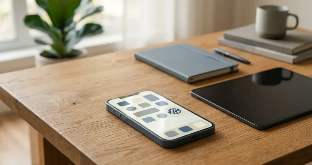 An unbranded smartphone displaying a generic home-screen tile beside a tablet and a closed notebook on a desk